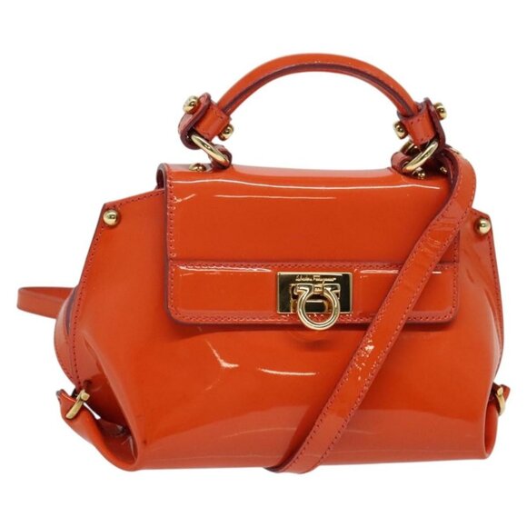 Salvatore Ferragamo Handbags - Salvatore Ferragamo Gancini Hand Bag Enamel 2way Orange Gold Auth
